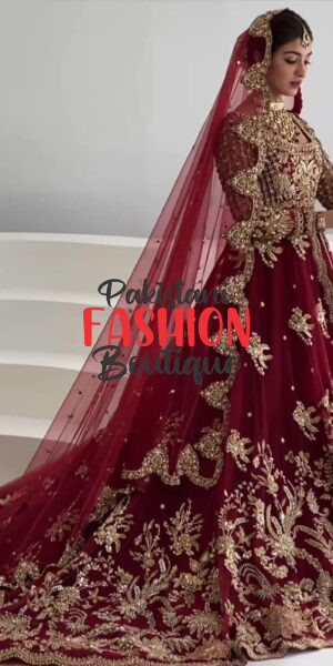 Heavily Hand-Embellished Red Bridal Gown with Scalloped Dupatta