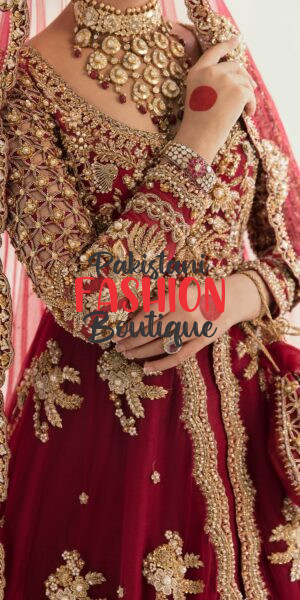 Heavily Hand-Embellished Red Bridal Gown with Scalloped Dupatta