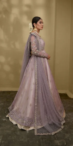 Elegant Lilac Organza Pishwas with Intricate Embellishments and Flared Tissue Lehenga